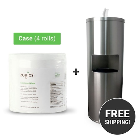 Zogics Sanitizing Wipes (4 rolls/case) + Wipes Floor Dispenser, Black Z650B-Z2000